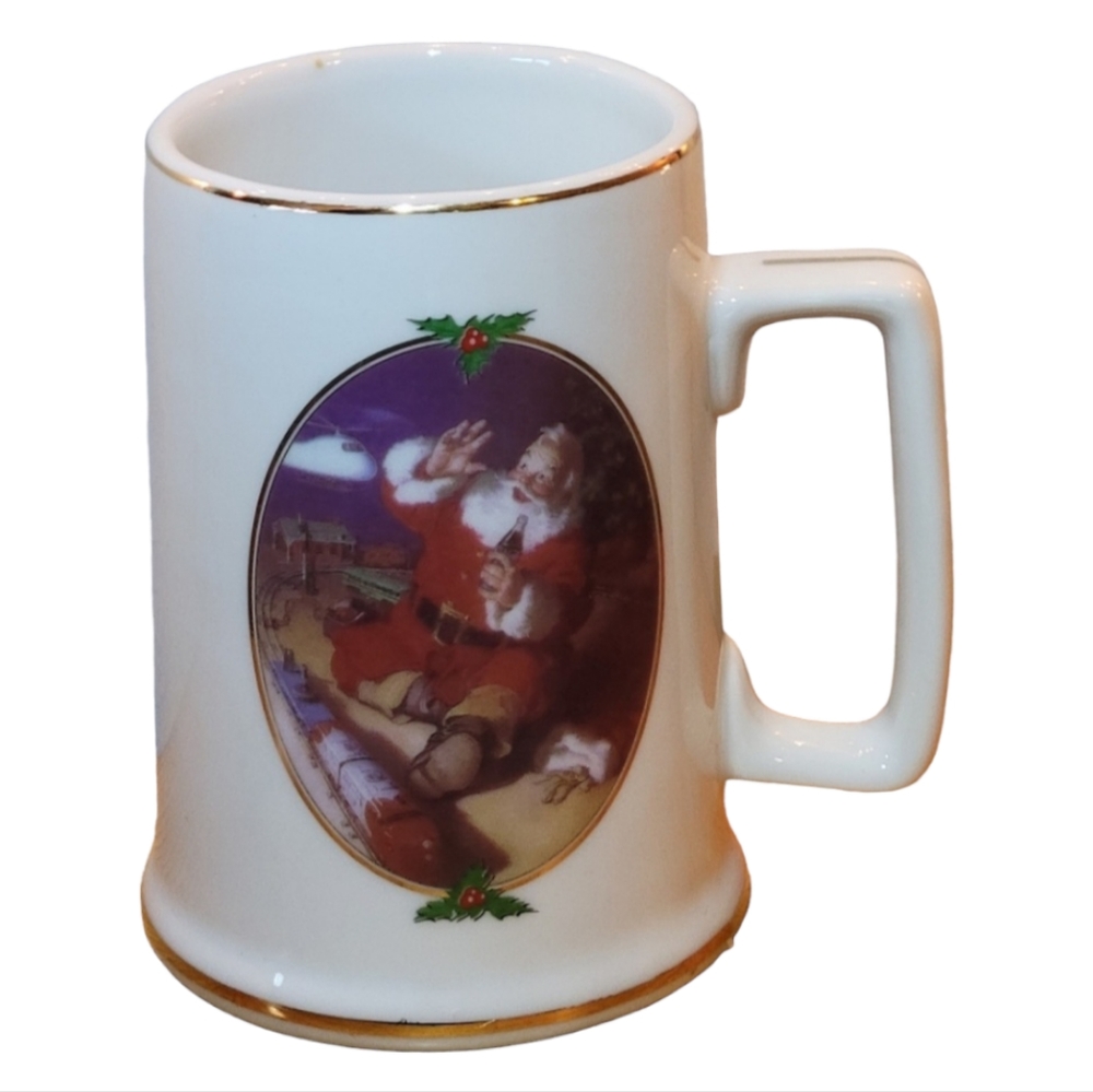 Vtg 1996 Mug Collectible White w Gold Trim Coca Cola Christmas Santa Holiday Cup